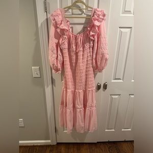 Farm Rio Light Pink Long Sleeve Smocked Midi Dress